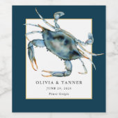 Waterverf blauwe krab nautische bruiloft wijn etiket (Enkel label)