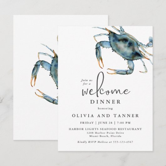 Waterverf Blauwe Krab Vis en zeevruchten Welkomstd Briefkaart (Voorkant / Achterkant)