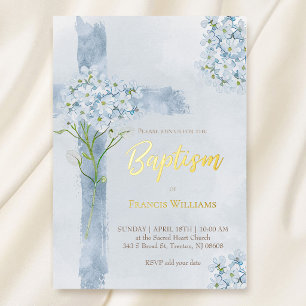 waterverf blauwe kruis Hydrangea bloemen Doop Folie Uitnodiging
