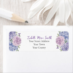 Waterverf Blauwe & Lila Hydrangea Bloemen Bruiloft Etiket