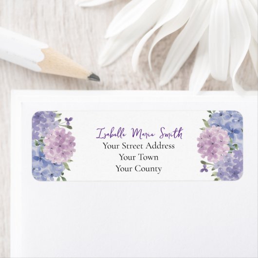 Waterverf Blauwe & Lila Hydrangea Bloemen Bruiloft Etiket (Insitu)
