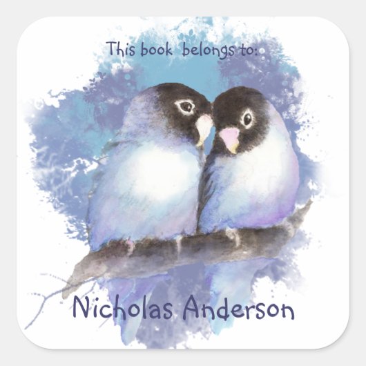 Waterverf Blauwe Lovebirds Tortelduifjes Bookplate Vierkante Sticker (Voorkant)
