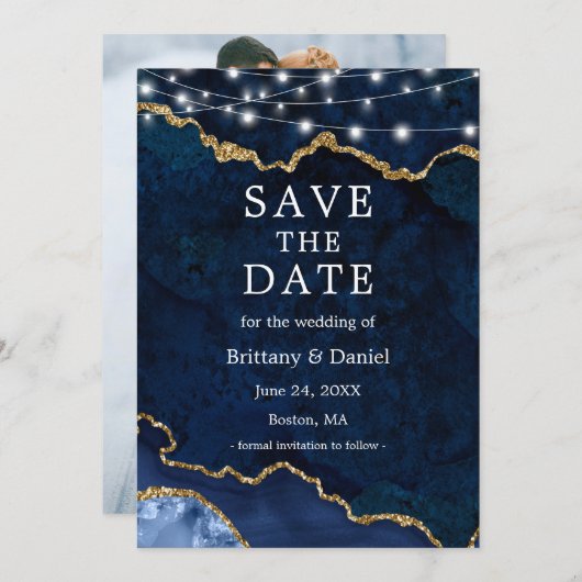 Waterverf Blauwe Marmer Agate Geode Lichten Foto Save The Date (Voorkant / Achterkant)
