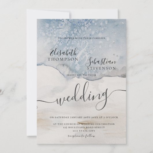 Waterverf Blauwe Modern Weddenschap Kaart (Voorkant)