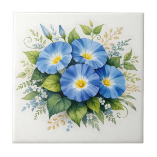 Waterverf Blauwe Morgen Glorie Bloemen  Tegeltje