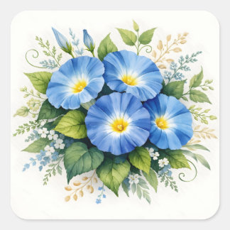Waterverf Blauwe Morgen Glorie Bloemen Vierkante Sticker