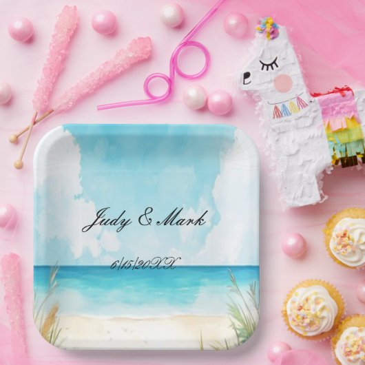 Waterverf Blauwe Oceaan Beach Weddenschap Papieren Bordje (Feest)