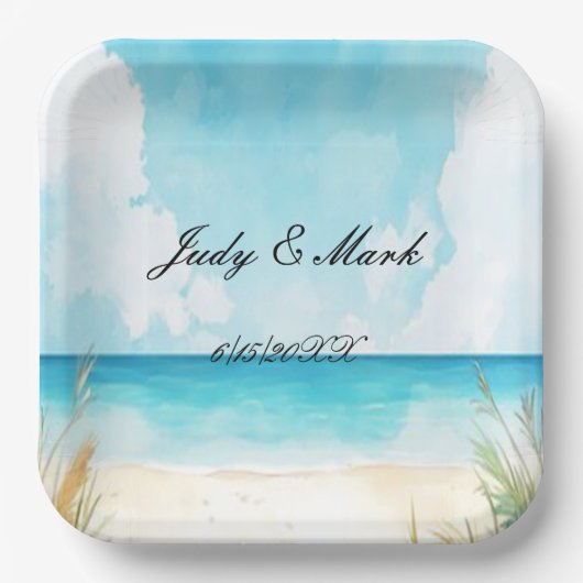 Waterverf Blauwe Oceaan Beach Weddenschap Papieren Bordje (Voorkant)