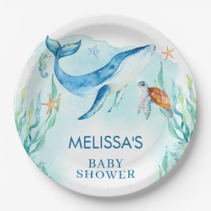 Waterverf Blauwe Oceaan onder het Zeeen Baby showe Papieren Bordje