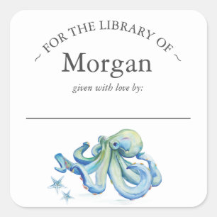 Waterverf Blauwe Octopus Boekplaat Vierkante Sticker