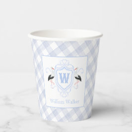 Waterverf Blauwe Ooievaar Gingham Monogram Wapen Papieren Bekers