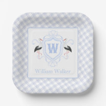 Waterverf Blauwe Ooievaar Gingham Monogram Wapen