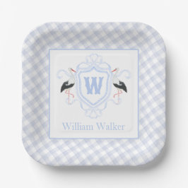 Waterverf Blauwe Ooievaar Gingham Monogram Wapen Papieren Bordje