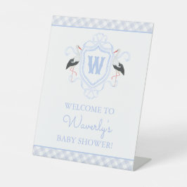 Waterverf Blauwe Ooievaar Gingham Monogram Wapen Reclamebord Met Voetstuk