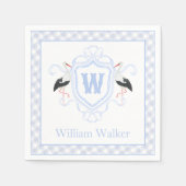 Waterverf Blauwe Ooievaar Gingham Monogram Wapen Servet (Voorkant)