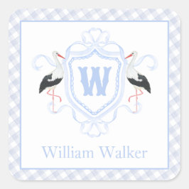 Waterverf Blauwe Ooievaar Gingham Monogram Wapen Vierkante Sticker