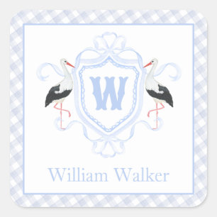 Waterverf Blauwe Ooievaar Gingham Monogram Wapen Vierkante Sticker