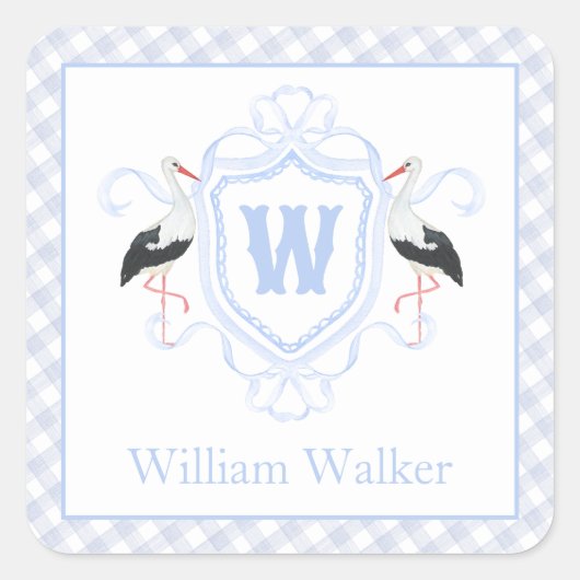 Waterverf Blauwe Ooievaar Gingham Monogram Wapen Vierkante Sticker (Voorkant)