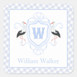 Waterverf Blauwe Ooievaar Gingham Monogram Wapen Vierkante Sticker