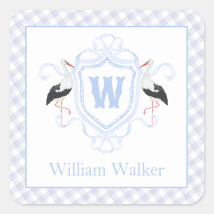Waterverf Blauwe Ooievaar Gingham Monogram Wapen Vierkante Sticker