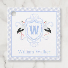 Waterverf Blauwe Ooievaar Gingham Wapenschild Bedankjes Labels