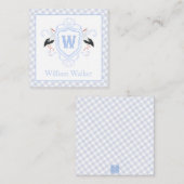 Waterverf Blauwe Ooievaar Gingham Wapenschild Notitiekaartje (Voorkant / Achterkant)