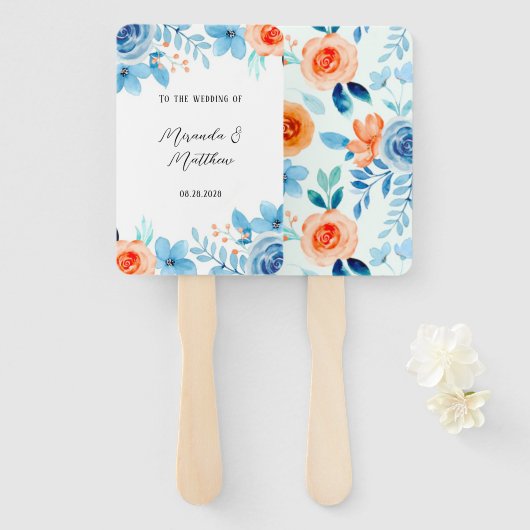 Waterverf Blauwe Oranje Florals Weddenschap Handwaaier (Voorkant en achterkant)