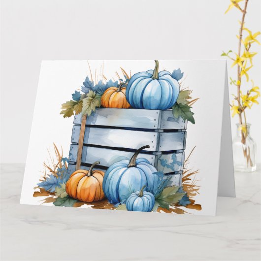 Waterverf Blauwe & Oranje Pompoen krat Kaart (Gele Bloem)