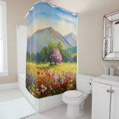 Waterverf Blauwe Paarse Berglandschap Wildflow Douchegordijn (In situ)