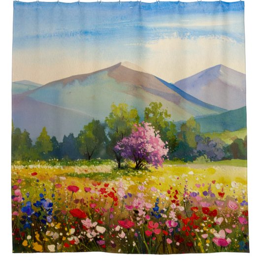 Waterverf Blauwe Paarse Berglandschap Wildflow Douchegordijn (Voorkant)