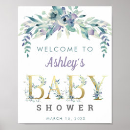 Waterverf Blauwe paarse bloemen welkom Baby shower Poster