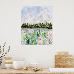Waterverf Blauwe Paarse Bloemenweide op Berg Poster