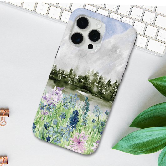 Waterverf Blauwe Paarse bloemenweide op de berg Case-Mate iPhone Case