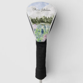 Waterverf Blauwe Paarse bloemenweide op de berg Golfheadcover