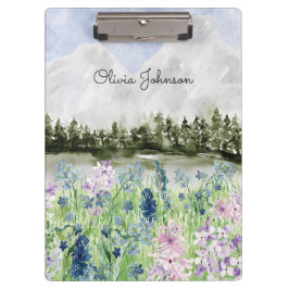 Waterverf Blauwe Paarse bloemenweide op de berg Klembord