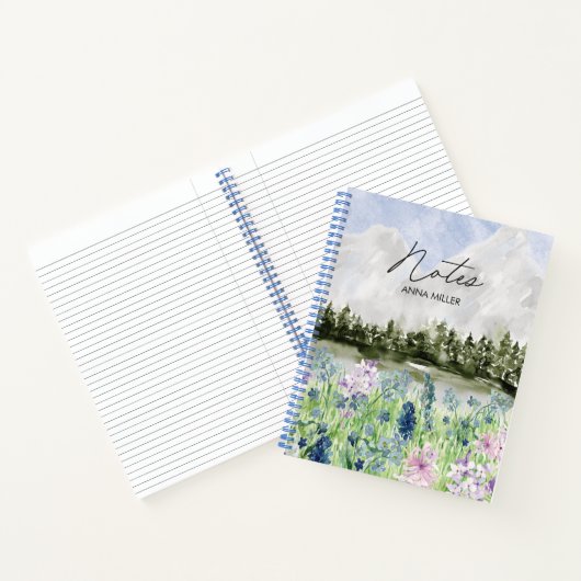 Waterverf Blauwe Paarse bloemenweide op de berg Notitieboek (Binnen)