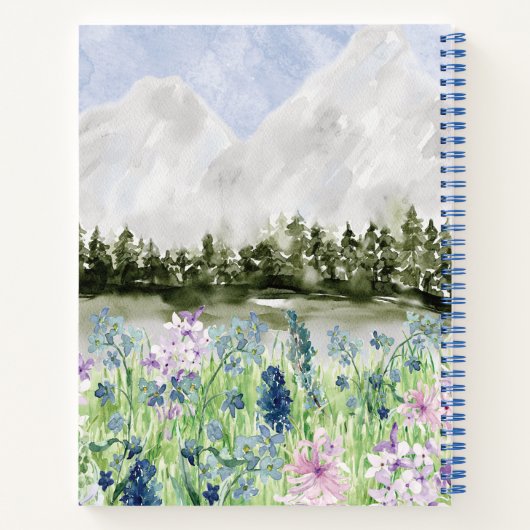 Waterverf Blauwe Paarse bloemenweide op de berg Notitieboek (Achterkant)