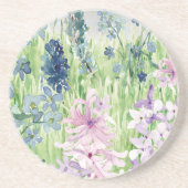 Waterverf Blauwe Paarse bloemenweide op de berg Zandsteen Onderzetter (Voorkant)