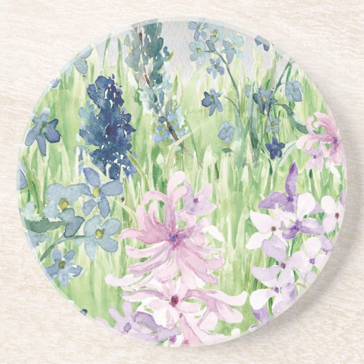 Waterverf Blauwe Paarse bloemenweide op de berg Zandsteen Onderzetter (Voorkant)