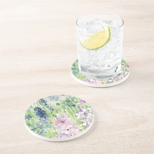 Waterverf Blauwe Paarse bloemenweide op de berg Zandsteen Onderzetter (Zijkant)