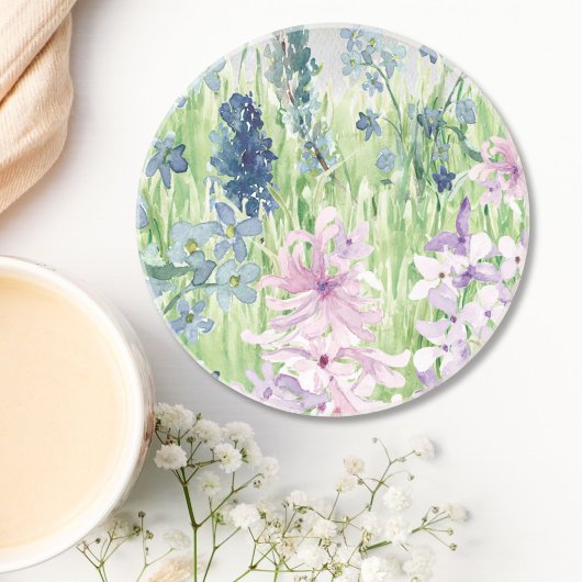 Waterverf Blauwe Paarse bloemenweide op de berg Zandsteen Onderzetter