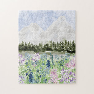 Waterverf Blauwe Paarse Bloemwei op Berg Legpuzzel