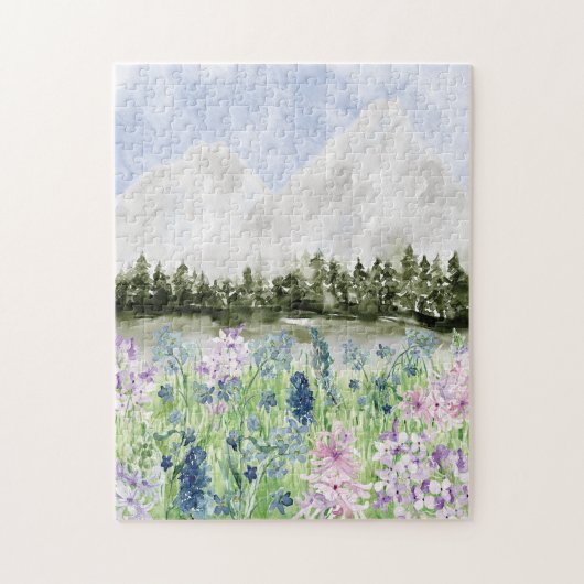 Waterverf Blauwe Paarse Bloemwei op Berg Legpuzzel (Verticaal)