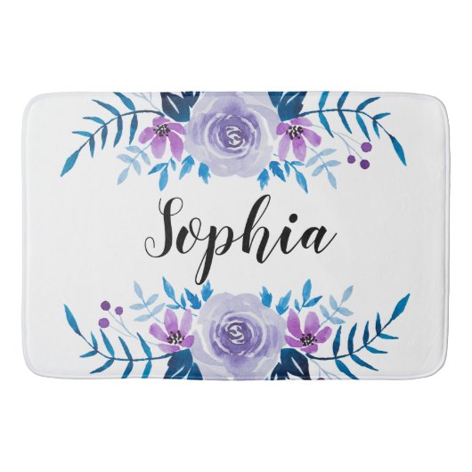 Waterverf Blauwe Paarse Floral - Aangepaste tekst Badmat (Voorkant)