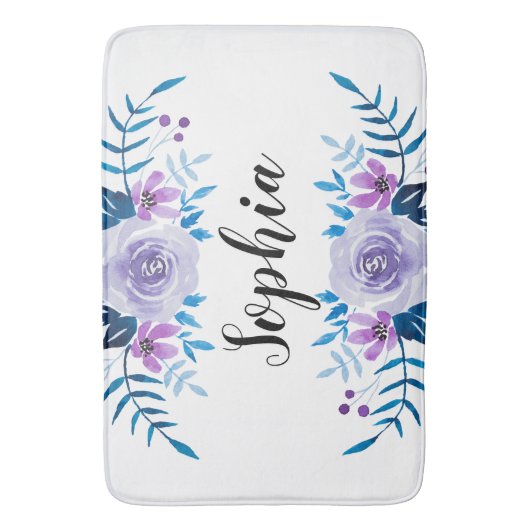 Waterverf Blauwe Paarse Floral - Aangepaste tekst Badmat (Voorkant Verticaal)