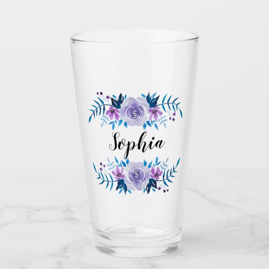 Waterverf Blauwe Paarse Floral - Aangepaste tekst Glas (Voorkant)