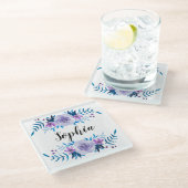 Waterverf Blauwe Paarse Floral - Aangepaste tekst Glazen Onderzetter (Schuin)