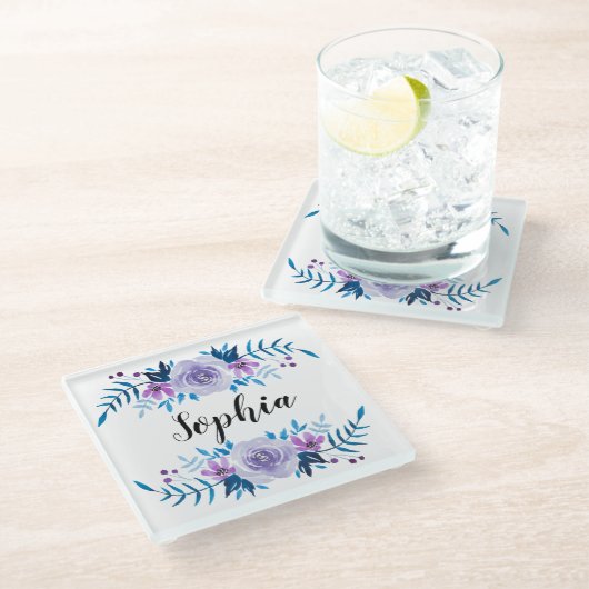 Waterverf Blauwe Paarse Floral - Aangepaste tekst Glazen Onderzetter (Schuin)