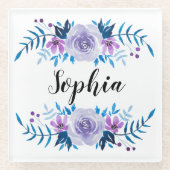 Waterverf Blauwe Paarse Floral - Aangepaste tekst Glazen Onderzetter (Voorkant)