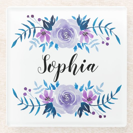 Waterverf Blauwe Paarse Floral - Aangepaste tekst Glazen Onderzetter (Voorkant)